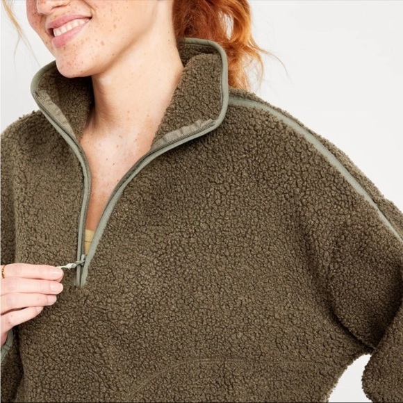 Old Navy Jackets & Blazers - Old Navy Olive Sherpa Half-Zip Pullover